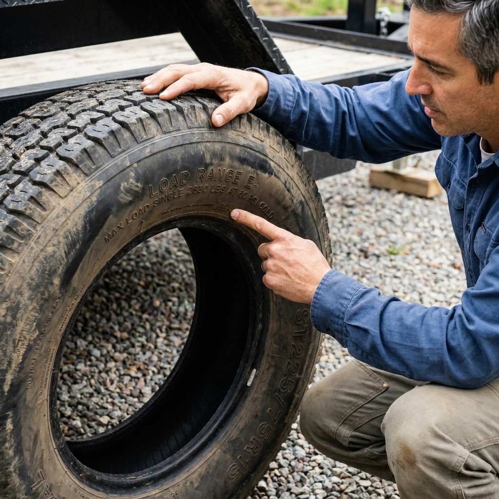 A trailer tire sidewall showing load range and maximum pressure markings, with visible tread