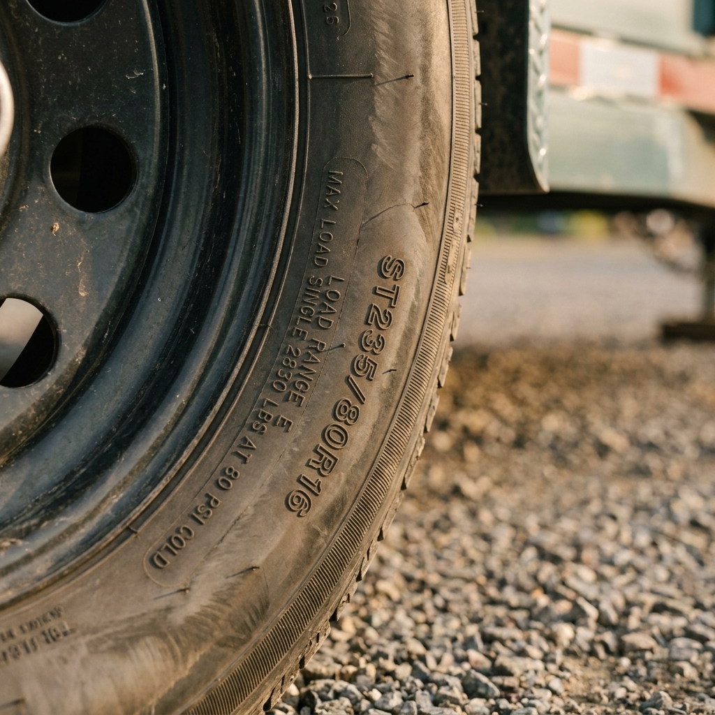 A trailer tire sidewall showing load range markings and maximum cold inflation information