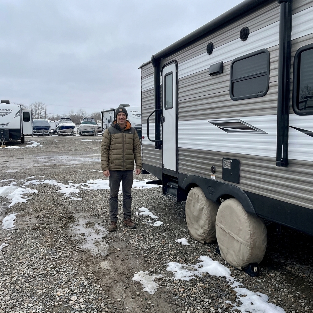 A travel trailer parked in a storage lot with fitted tire covers over the wheels on an overcast winter day