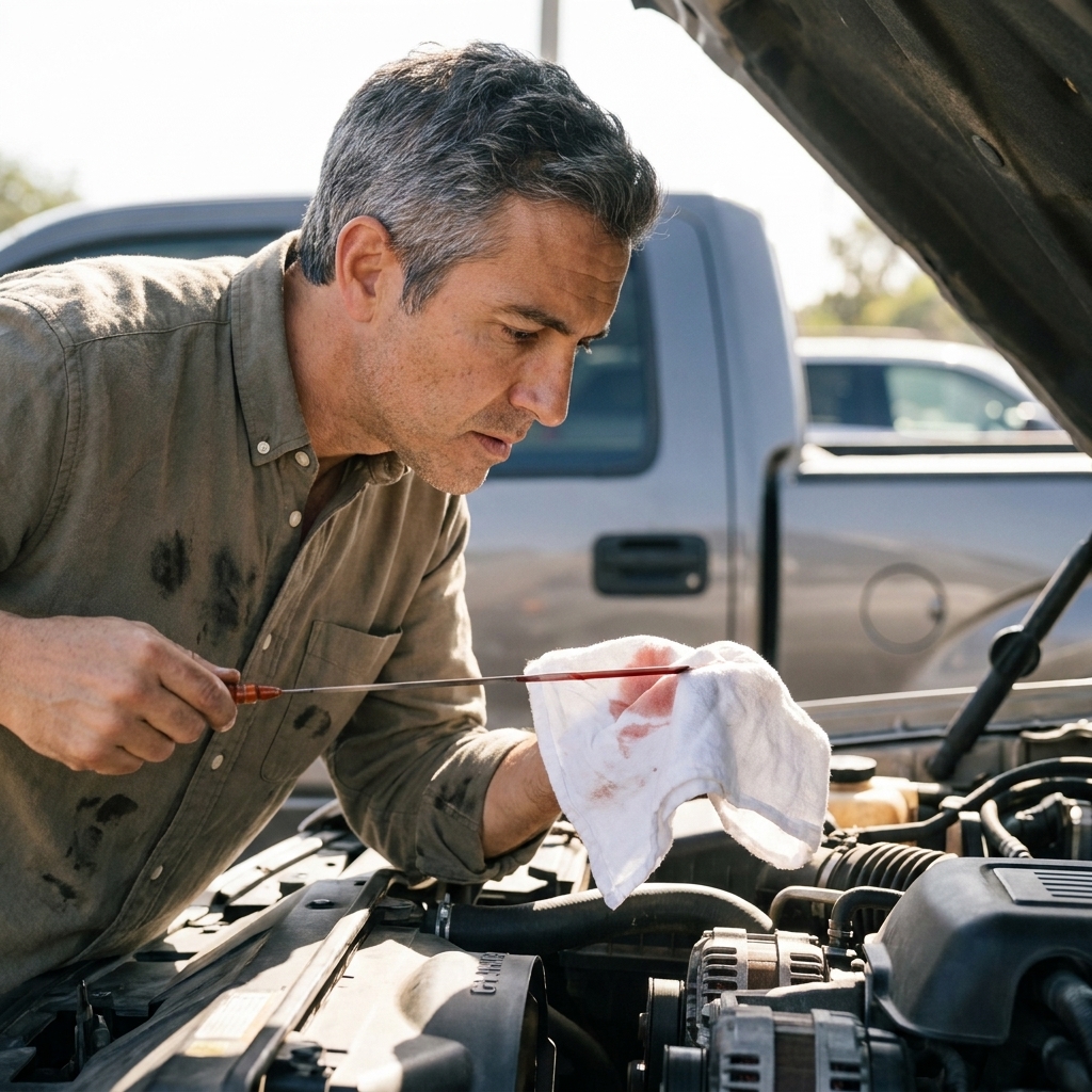 A truck owner checking an automatic transmission dipstick in an engine bay, holding a clean shop towel and inspecting the fluid color