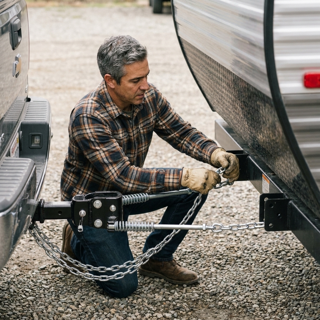 A trunnion style weight distribution hitch head on a pickup receiver with spring bars inserted and chains attached to trailer frame brackets
