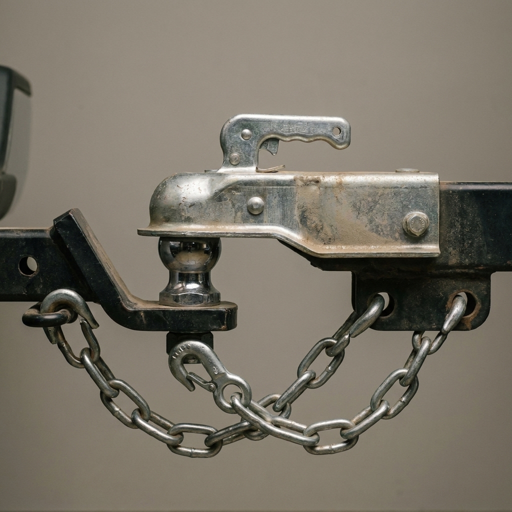 A utility trailer coupler latched onto a hitch ball with crossed safety chains visible below