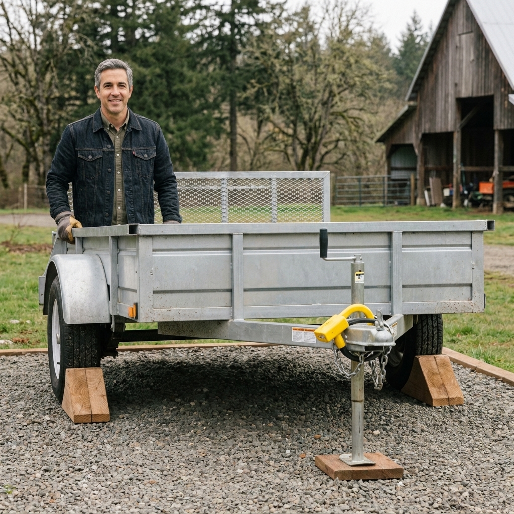 A utility trailer parked on a gravel pad with wheel chocks in place and a coupler lock installed