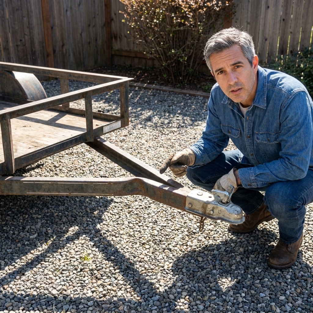 A utility trailer tongue showing a visible bend near the coupler area, parked on gravel in daylight