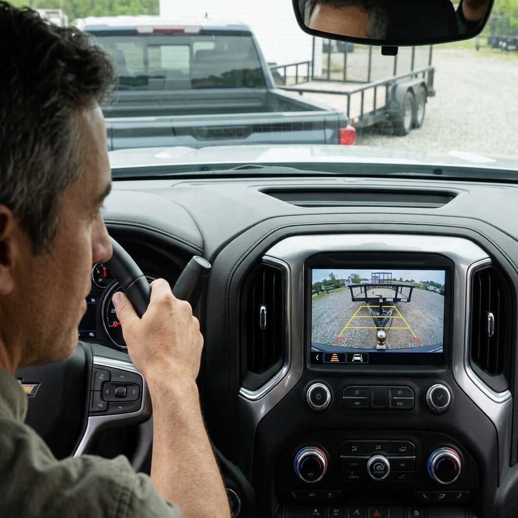 A view from inside a pickup truck showing the center infotainment screen displaying a rear backup camera view of a trailer hitch area during a slow backing maneuver