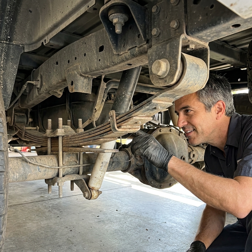 A view under a heavy-duty pickup truck showing the rear shock absorber and leaf spring pack under the frame, with mounting bolts and bushings visible