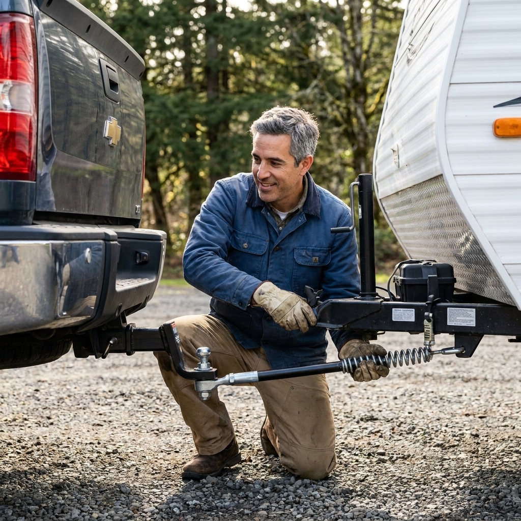 A weight distribution hitch head mounted on a pickup truck receiver with spring bars attached to a travel trailer A-frame