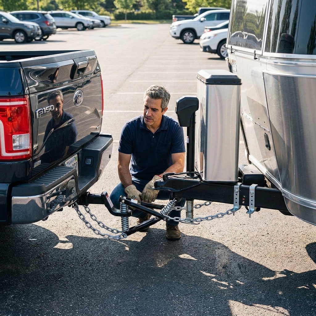 A weight distribution hitch mounted to a pickup truck receiver with spring bars tensioned up to the trailer frame brackets in a parking lot