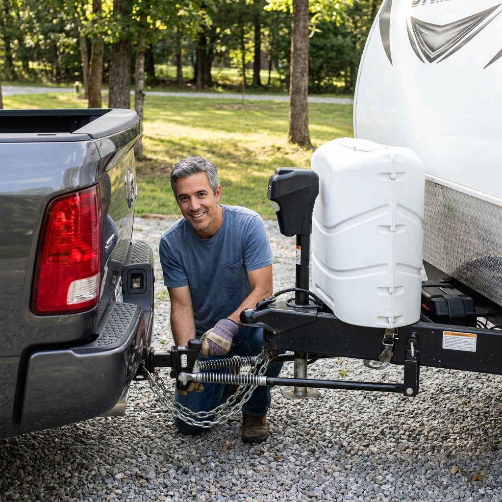 A weight distribution hitch setup on a pickup truck connected to a travel trailer, showing spring bars and the hitch head at the coupler