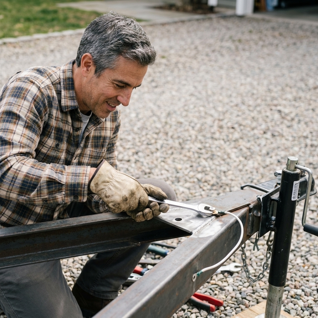 A white ground wire with a ring terminal bolted to a trailer tongue frame showing bare metal contact