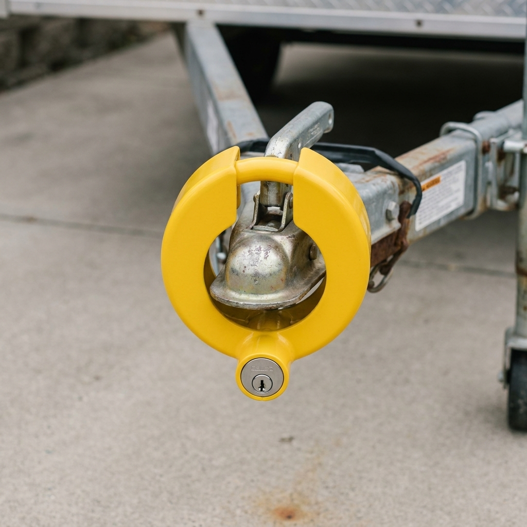 A yellow coupler-wrap lock installed on an A-frame trailer tongue, with the latch fully covered and a keyed cylinder facing downward