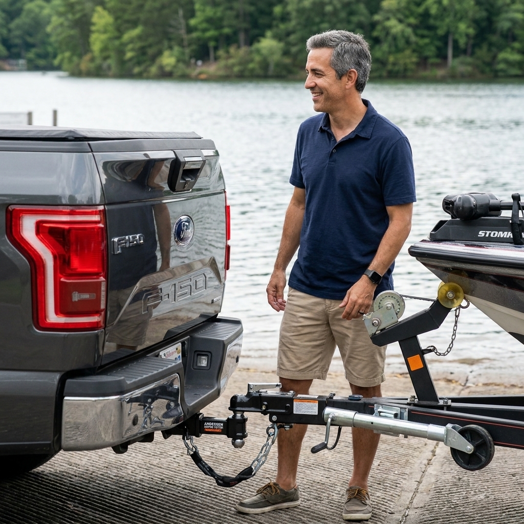 An Andersen Rapid Hitch adjustable ball mount attached to a pickup truck, with a small boat trailer connected and sitting level near a boat ramp