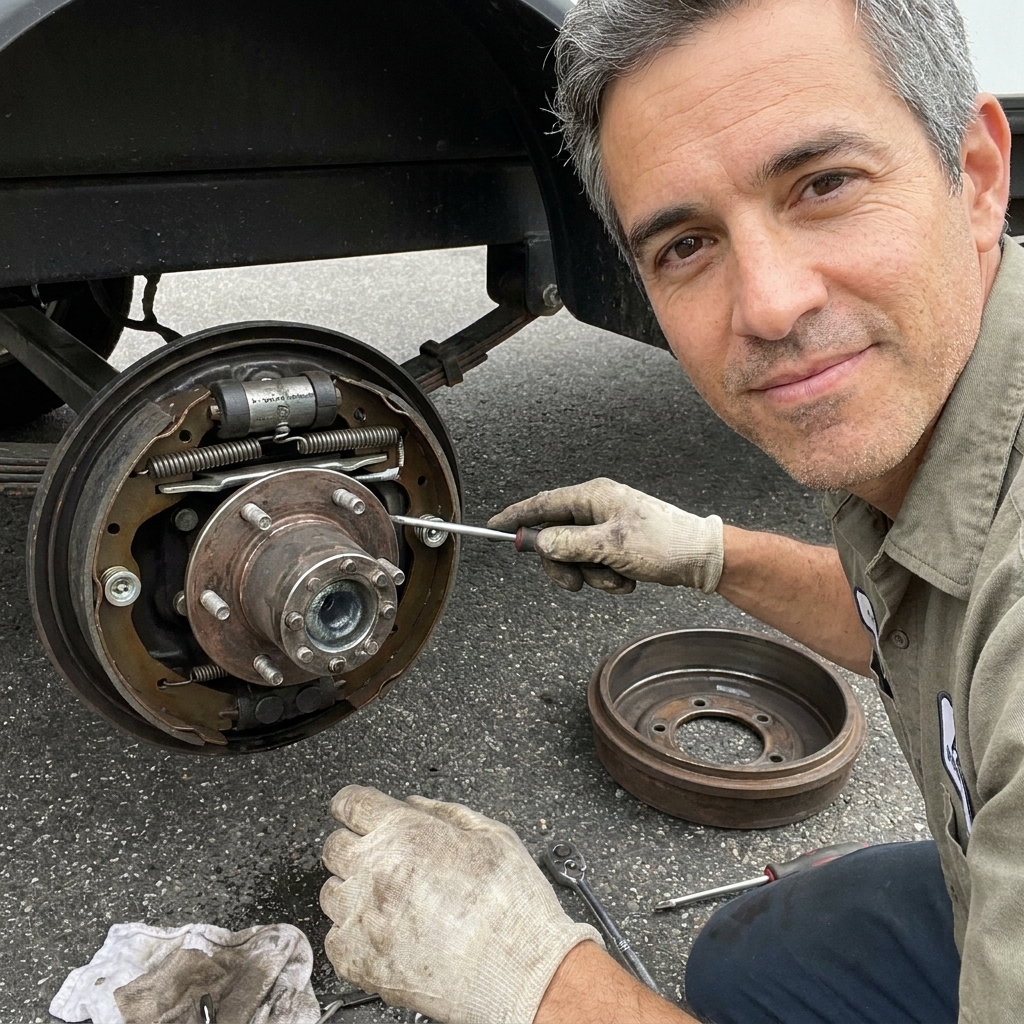 An electric drum trailer brake assembly with the drum removed, showing brake shoes and the magnet
