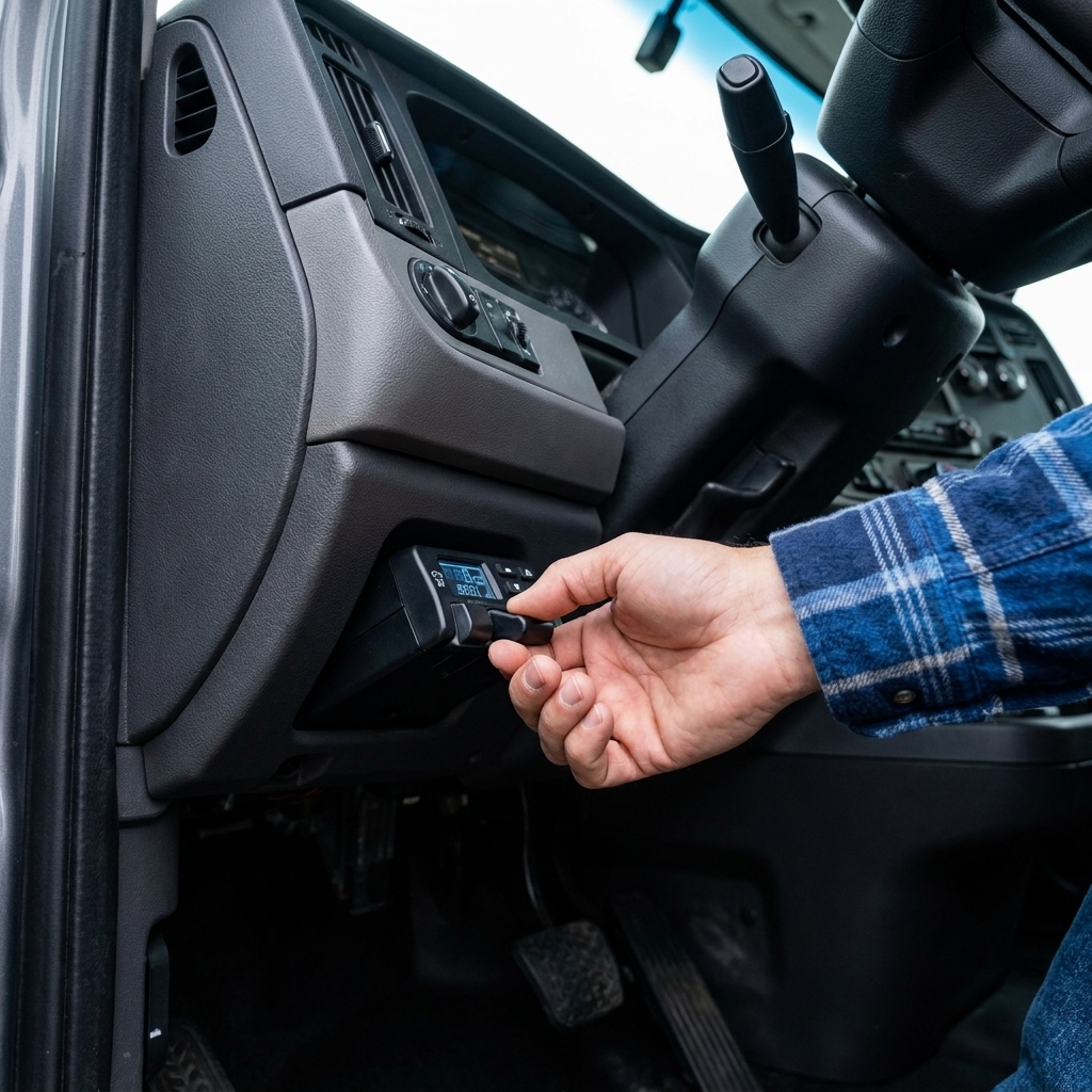 An in-cab trailer brake controller mounted under a truck dashboard with a driver hand on the manual override lever