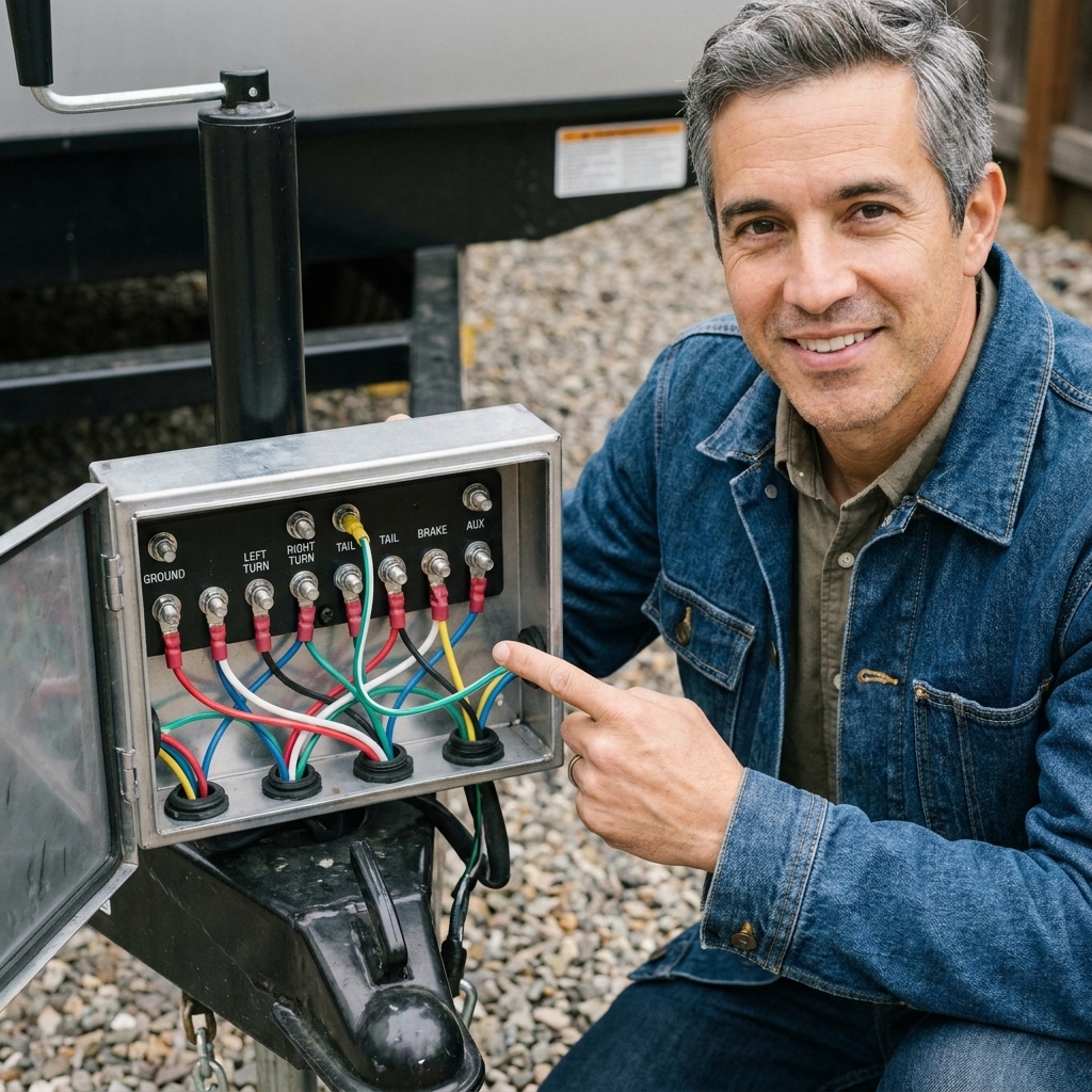 An open trailer tongue junction box showing ring terminals attached to labeled studs and wiring entering through grommets