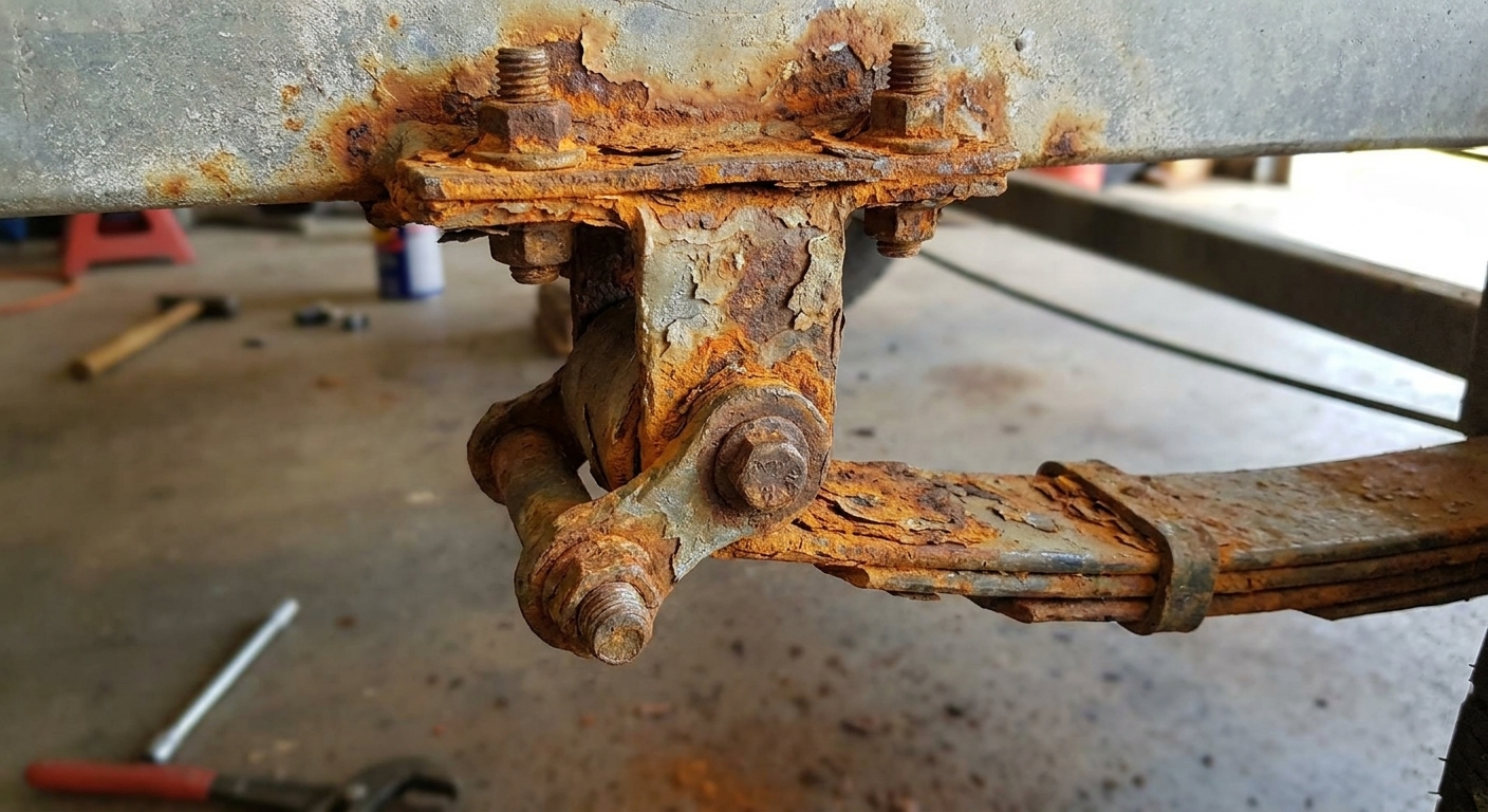 Close-up of a boat trailer spring hanger with visible orange rust and flaking scale near the mounting bolts