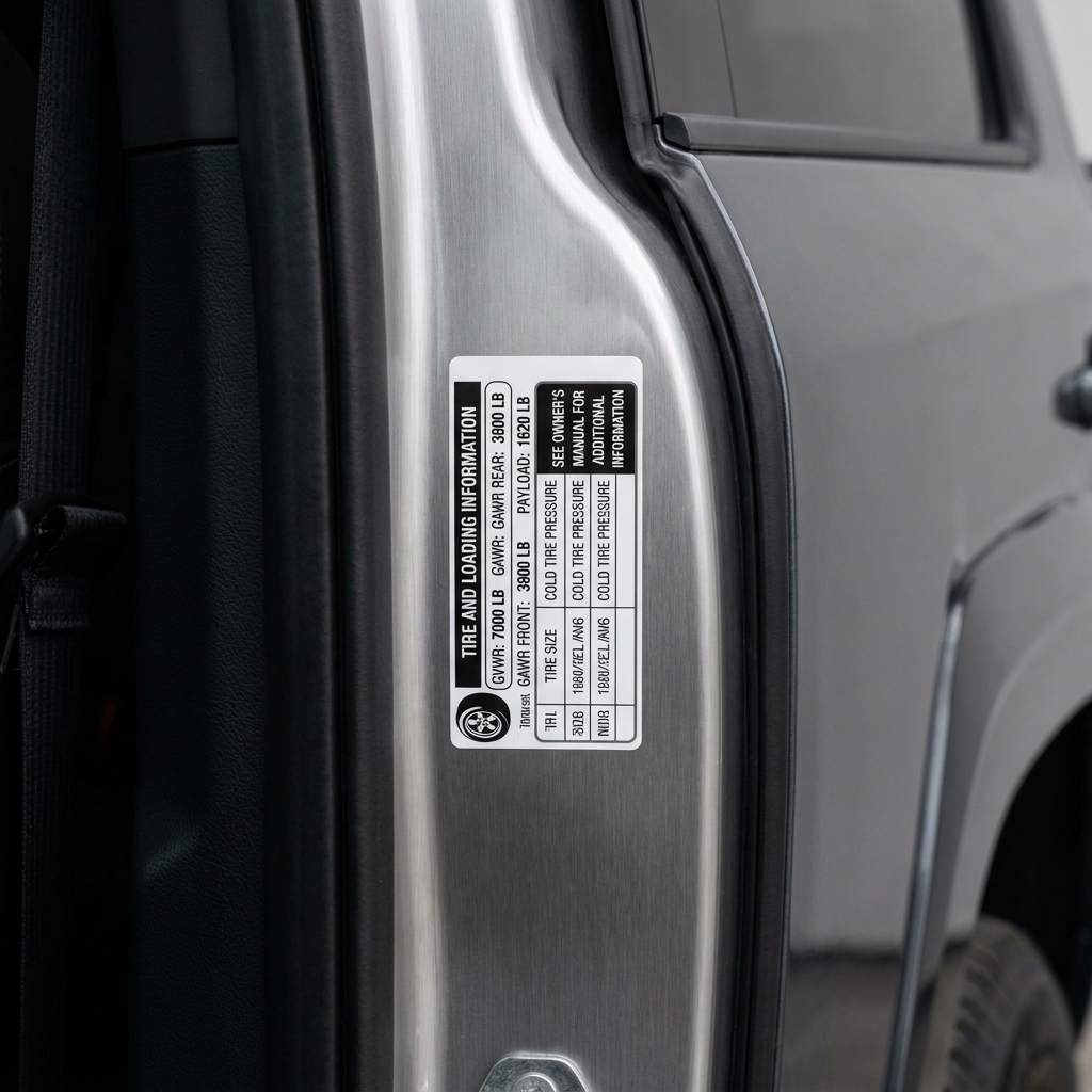 Close-up of a pickup truck driver-side door jamb showing the tire and loading information label with payload and axle ratings