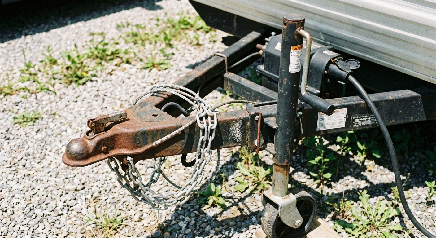 Close-up of a travel trailer A-frame tongue showing the coupler, tongue jack, safety chains, and wiring plug in daylight