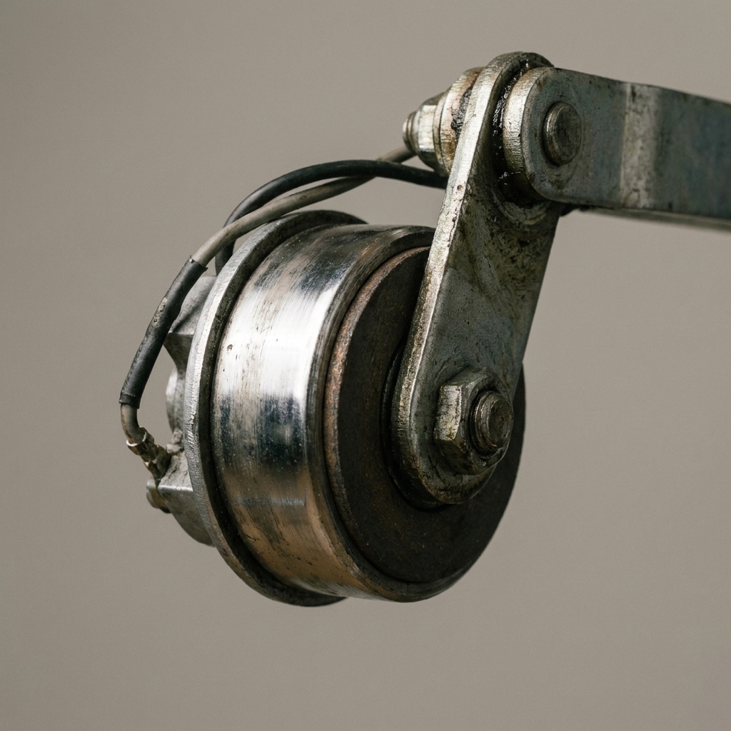 Close-up of an electric trailer brake magnet attached to the actuating arm, showing the shiny wear surface where it contacts the brake drum