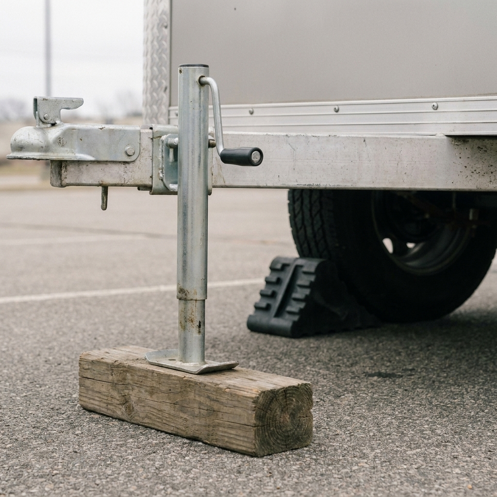 Close-up of an enclosed trailer tongue with a tongue jack on a wooden block and wheel chocks placed behind the trailer tire