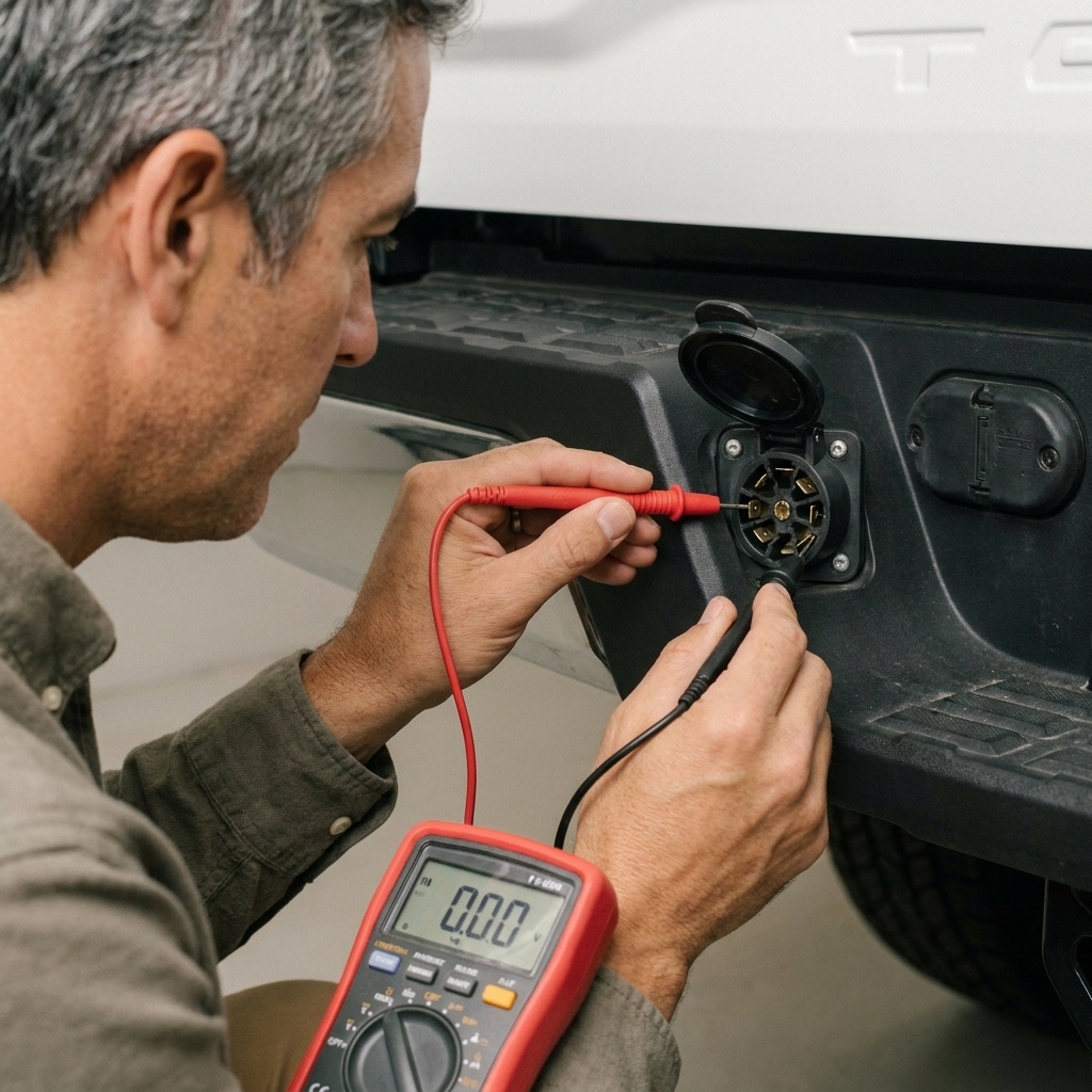 Close-up of multimeter probes checking voltage at individual blade terminals inside a 7-way RV socket mounted on a pickup truck