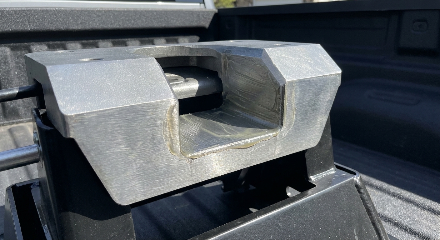 Close-up view of a fifth wheel hitch jaw mechanism inside a pickup bed, showing clean metal surfaces and a thin film of grease on the contact points