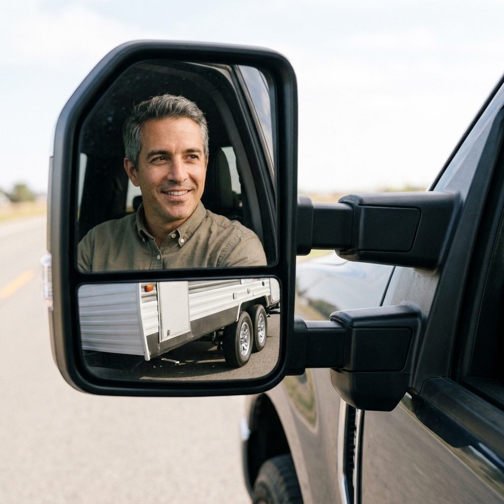Close view of a pickup truck tow mirror adjusted to show the side of a travel trailer and its wheels