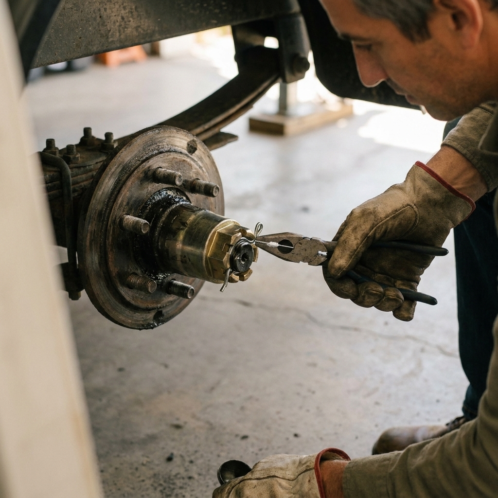 Hands installing a new cotter pin through a trailer spindle nut and bending the ends securely