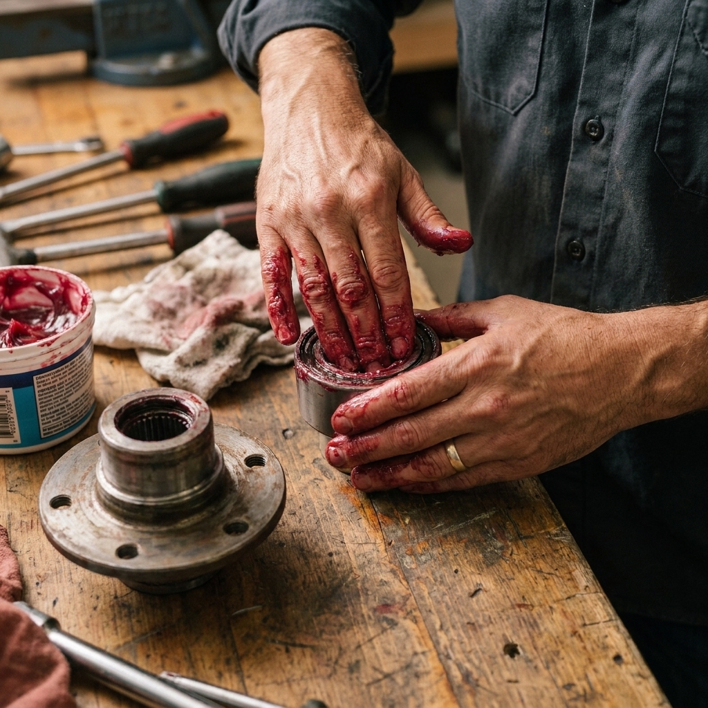 Hands repacking a utility trailer wheel bearing with grease next to a removed hub on a workbench