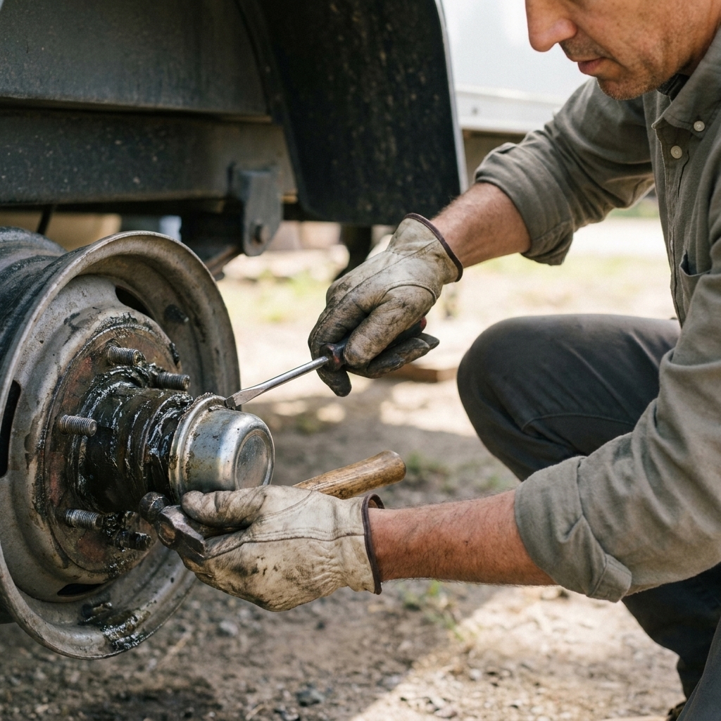 Hands using a flat screwdriver and hammer to gently work a dust cap off a trailer hub