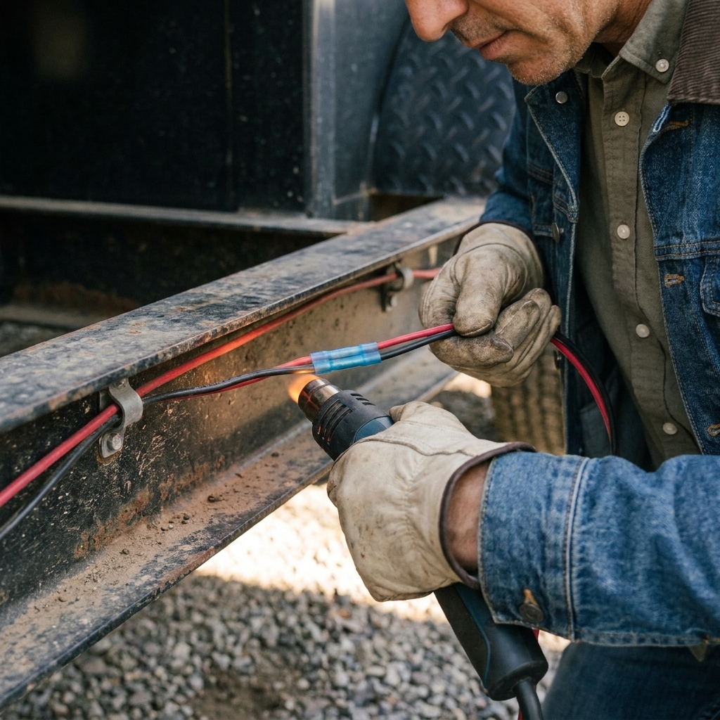 Hands using a heat gun to shrink a heat-shrink butt connector on a trailer wiring repair under the frame rail