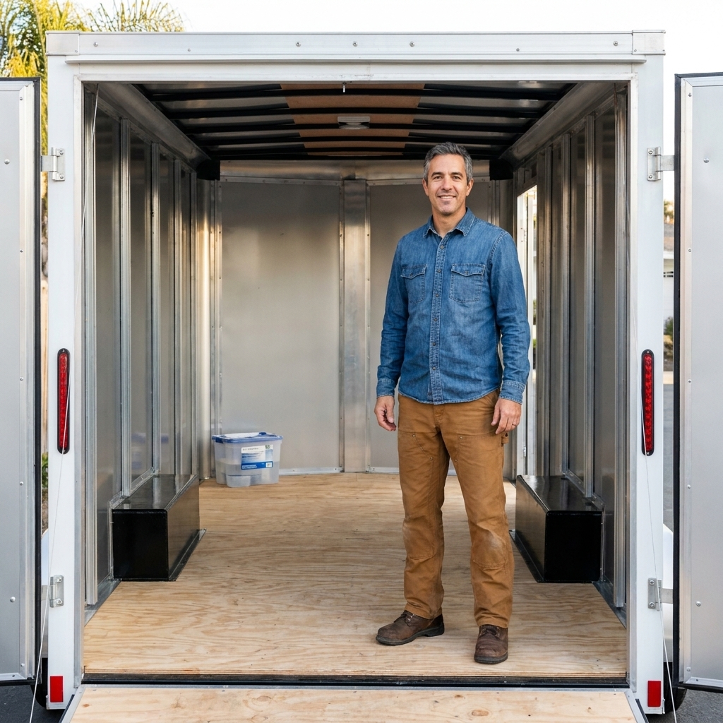 Inside an empty enclosed trailer with a clean wood floor and a moisture absorber container placed near the front wall