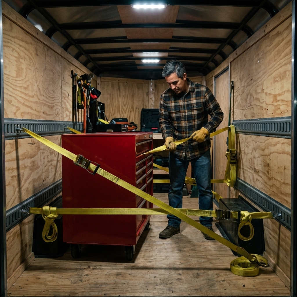 Inside an enclosed cargo trailer, a heavy tool chest is secured to E-track on both sides using ratchet straps, with straps tightened and excess webbing tied off