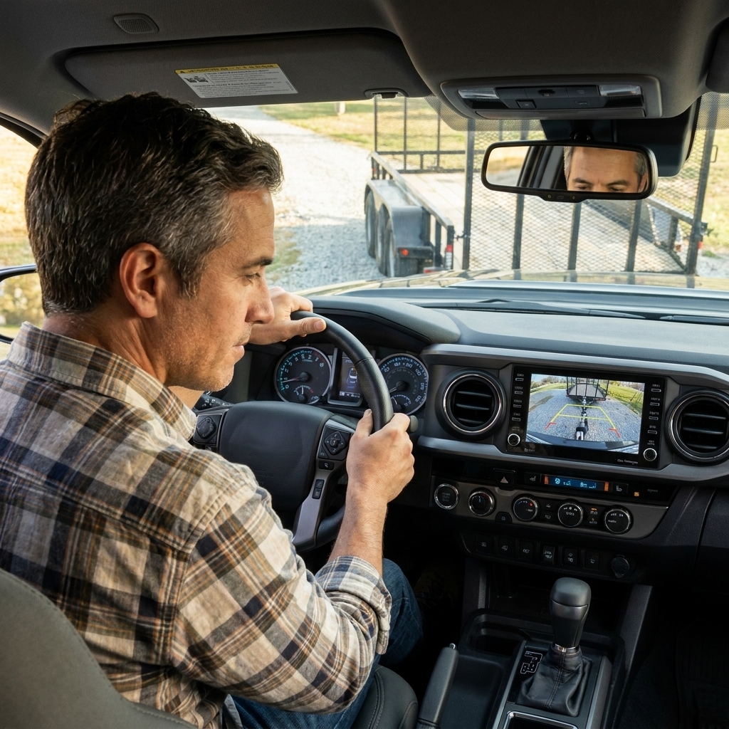 Interior view of a truck dashboard showing a backup camera feed while a trailer is being backed slowly
