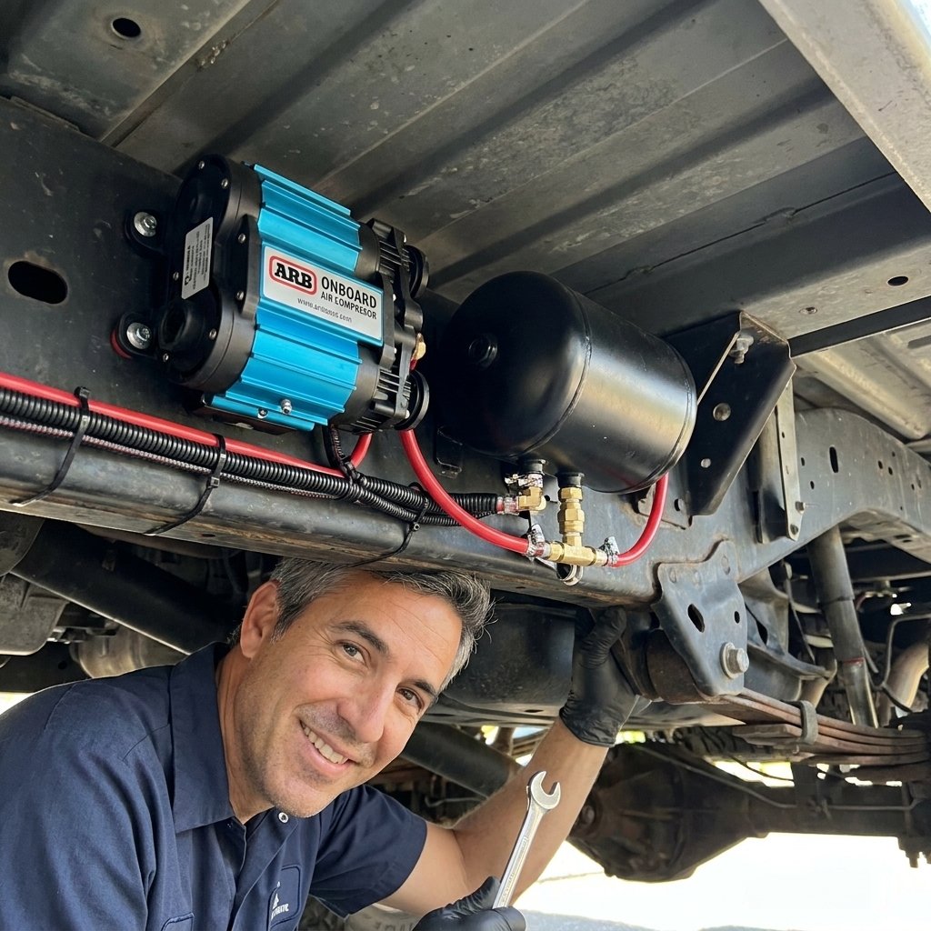 Onboard air compressor and small air tank mounted to a pickup truck frame rail under the bed, with wiring and air lines secured
