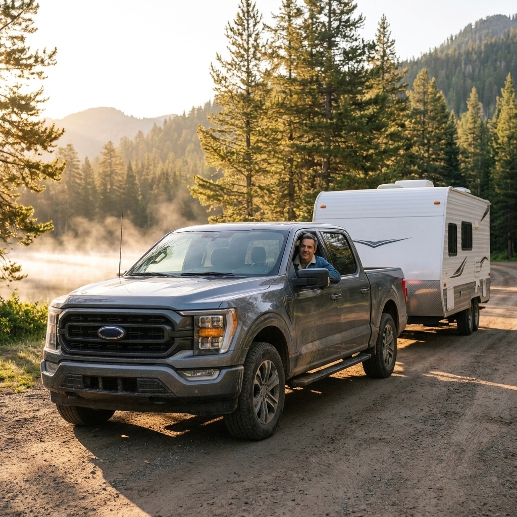 Pickup truck towing a travel trailer at a mountain campground in early morning light