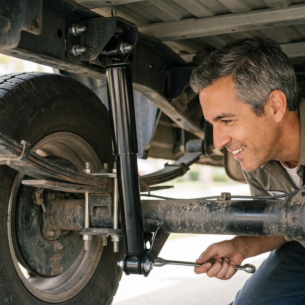 Rear shock absorber installed near a pickup truck’s axle, showing the shock body and mounting hardware