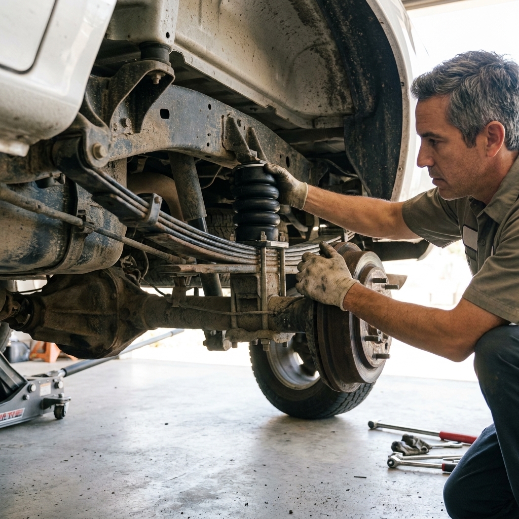 Rubber helper springs installed on a pickup truck rear suspension in place of factory bump stops