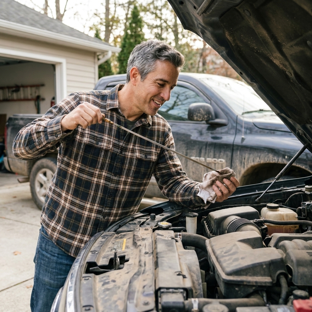 Someone checks a pickup truck engine oil dipstick with the hood open in a driveway.