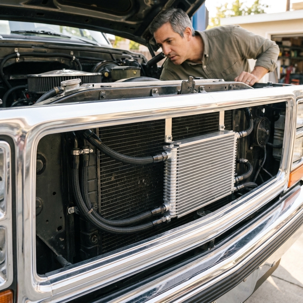 View through a pickup truck grille showing an auxiliary transmission cooler mounted in front of the radiator with cooler lines routed cleanly